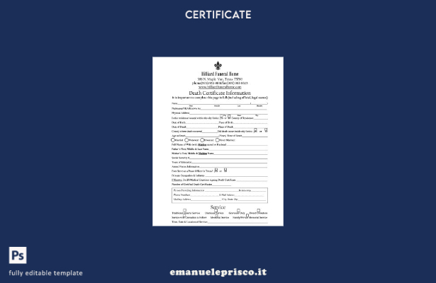 modello di certificato di morte dell'impresa funebre USA Hilliard in stile verif
